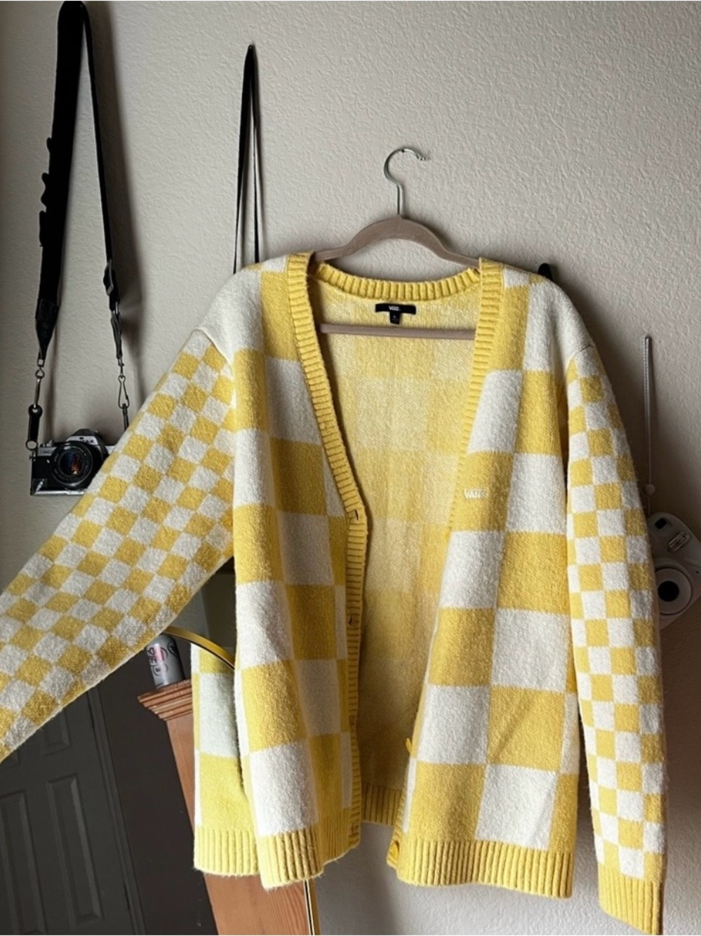 Vans Yellow and White Checkerboard Knit Cardigan - Women